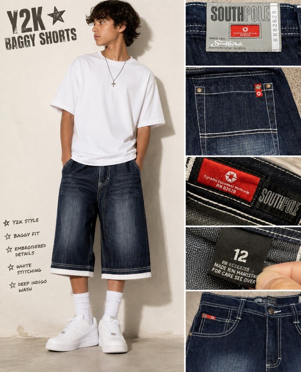 Y2K Indie Sleaze South Pole Baggy Denim Shorts Boy Size 12 Dark Wash Embroidered